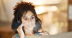 Call center, computer and woman with headset, talking and communication for lead generation at night. Telemarketing, bokeh and person with mic for consultation, serious and working late for deadline