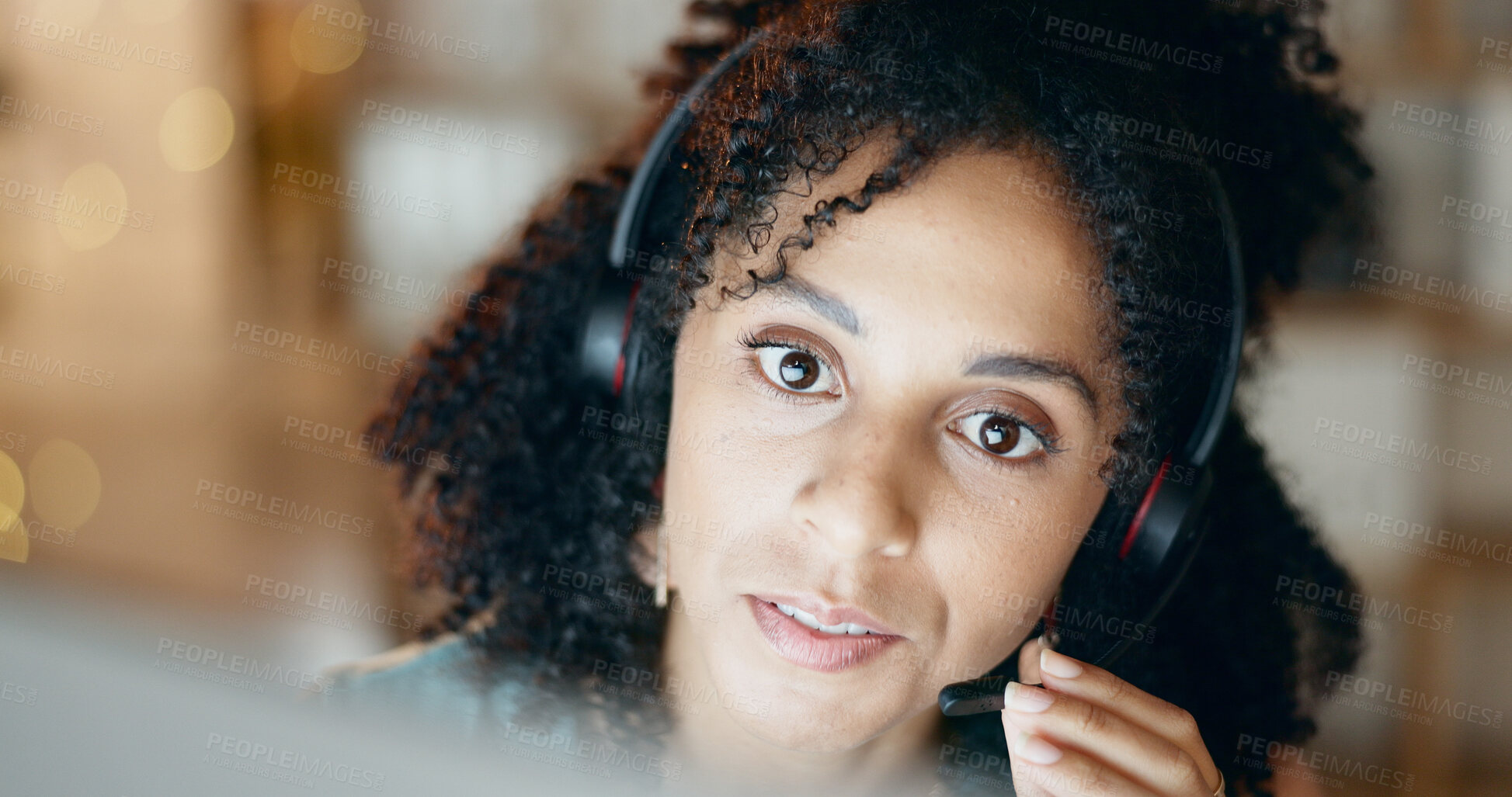 Buy stock photo Call center, computer and woman with headset, serious and communication for lead generation at night. Telemarketing, bokeh and person with mic for consultation, talking and working late for deadline