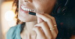 Hands, business and woman with mic at call center for customer service, online query and advice. Smile, agent or consulting with headset, client support and crm representative of technical assistance