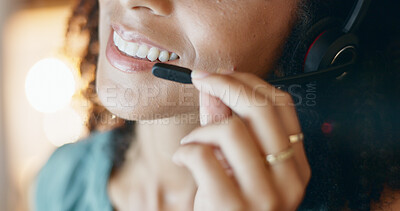 Buy stock photo Hands, business and woman with mic at call center for customer service, online query and advice. Smile, agent or consulting with headset, client support and crm representative of technical assistance