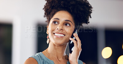 Buy stock photo Night, woman and phone call with contact in office for market update, debt review and negotiation. Financial advisor, happy african person and mobile chat to explain policy, tax advice and overtime