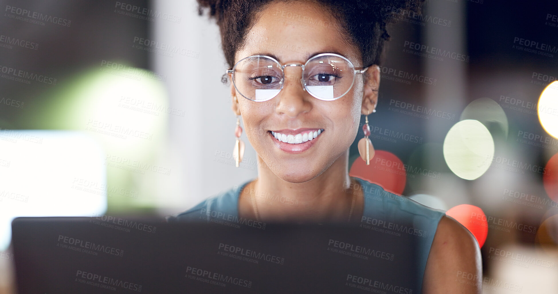 Buy stock photo Night, woman and smile in office with laptop, glasses or check deadline for digital marketing project. Late, bokeh and person in business with computer, research or schedule campaign for advertising.