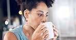 Woman, night and drinking with coffee in office for business deadline, energy or caffeine. Female person, employee or working late with mug or cup for beverage, project idea or productive development