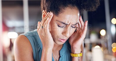 Buy stock photo Night, woman and headache in office with stress, contemplation and deadline for marketing project. Late, bokeh and person in business with migraine, challenge and mistake for advertising campaign.