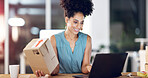 Logistics, box or woman in office with laptop, order review or inventory management in overtime. Distribution, night or supplier in agency with tech, package checklist or quality control in evening.