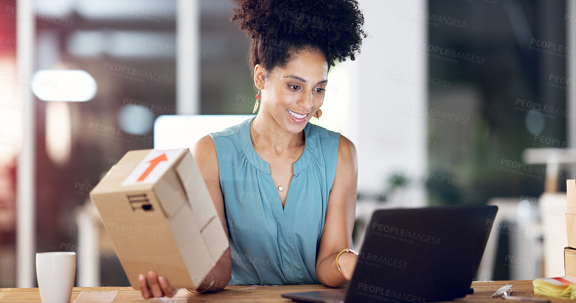 Buy stock photo Logistics, box or woman in office with laptop, order review or inventory management in overtime. Distribution, night or supplier in agency with tech, package checklist or quality control in evening.