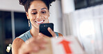 Happy woman, logistics and phone with box for delivery confirmation, scan or verification in office. Female person, employee or night with smartphone, package or parcel for online order or purchase