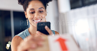 Buy stock photo Happy woman, logistics and phone with box for delivery confirmation, scan or verification in office. Female person, employee or night with smartphone, package or parcel for online order or purchase