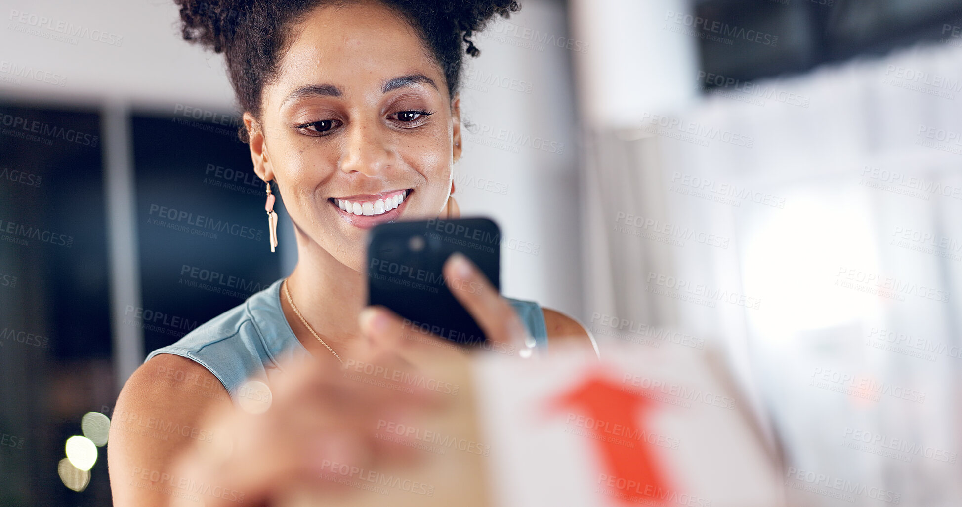 Buy stock photo Happy woman, logistics and phone with box for delivery confirmation, scan or verification in office. Female person, employee or night with smartphone, package or parcel for online order or purchase