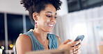 Happy woman, night and business with phone for network, communication or social media in office. Female person, employee or working late with smile on mobile smartphone for online texting or chatting