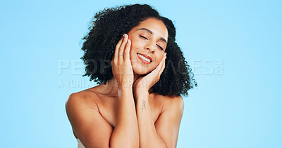 Buy stock photo Skincare, soft touch or woman in studio with happiness, shine or glow in facial care. Wellness, space or person on blue background with confidence, dermatology or natural cosmetics for smooth skin.