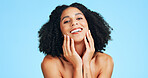 Skincare, portrait or woman with happiness, shine or soft touch in facial care. Wellness, smile or female person on studio background with confidence, dermatology or natural cosmetics for smooth skin