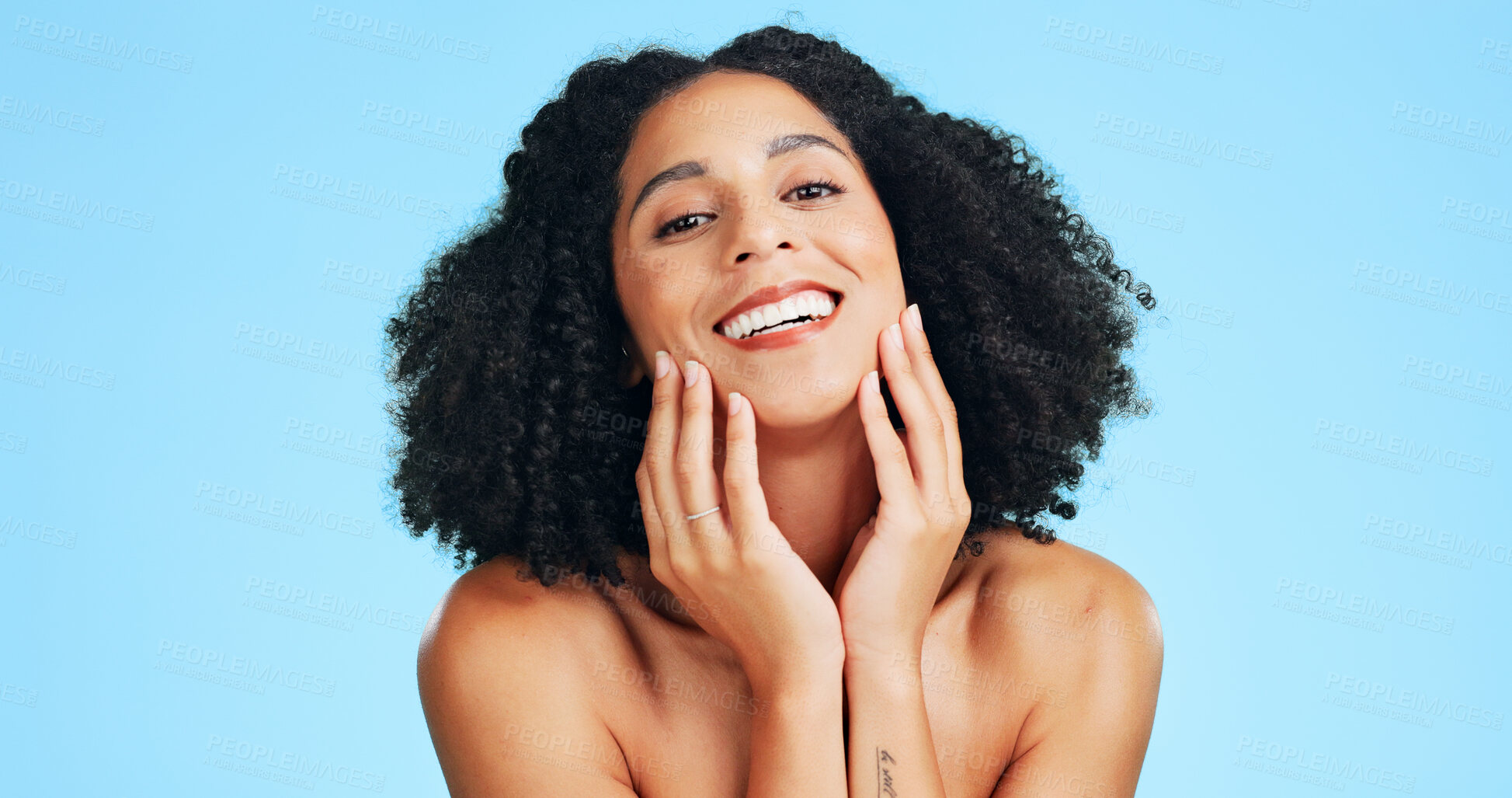 Buy stock photo Skincare, portrait or woman with happiness, shine or soft touch in facial care. Wellness, smile or female person on studio background with confidence, dermatology or natural cosmetics for smooth skin