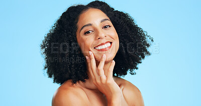 Buy stock photo Skincare, portrait or woman in studio with soft touch, shine or glow in facial care. Wellness, space or person on blue background with confidence, dermatology or natural cosmetics for smooth skin.