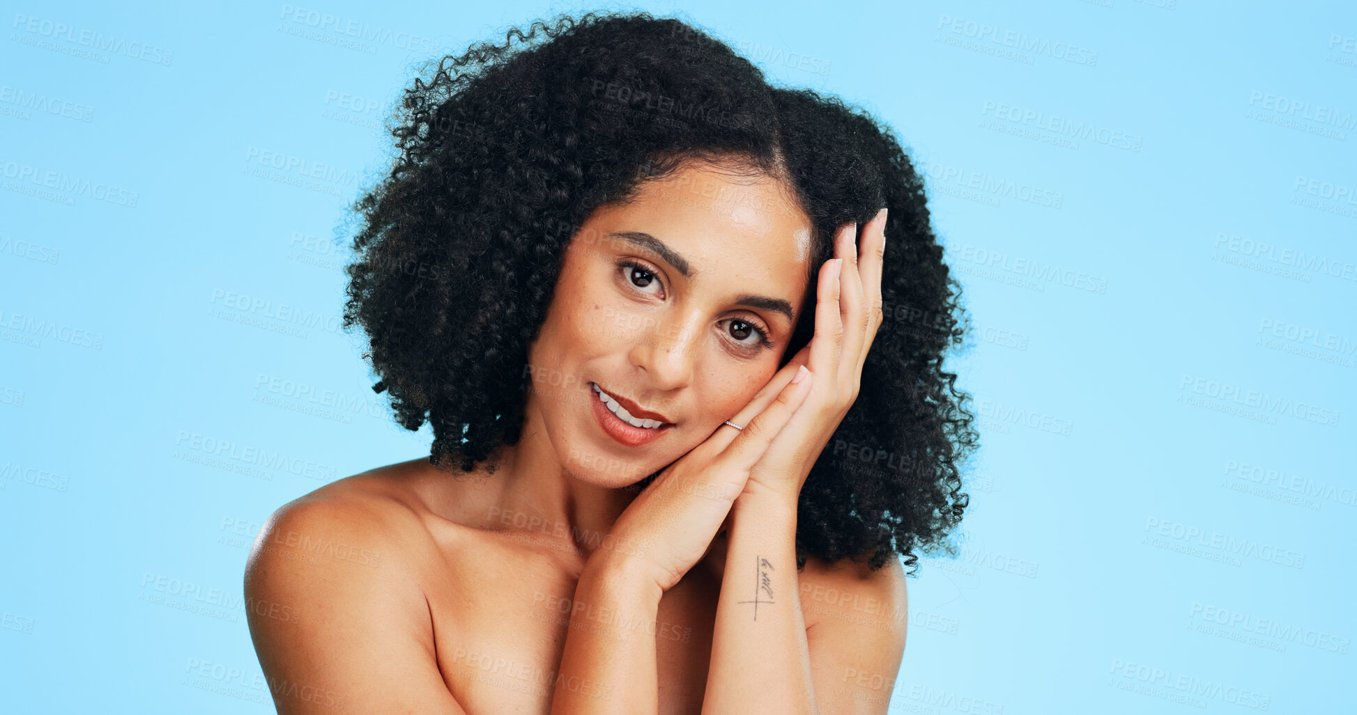 Buy stock photo Skincare, portrait or woman in studio with smooth skin, shine or glow in facial care. Wellness, smile or person on blue background with confidence, dermatology or natural cosmetics for soft touch.
