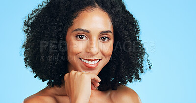 Buy stock photo Portrait, smile and woman in studio, skincare and dermatology on blue background. Treatment, aesthetic and person with wellness, shine and beauty for healthy skin, glow and grooming with cosmetics