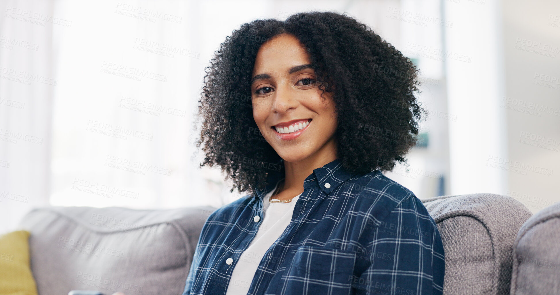 Buy stock photo Wellness, portrait and woman on sofa with day off, positive attitude or optimism on weekend break. Wellbeing, free time or person in house with good mood, confidence and satisfaction in Los Angeles.