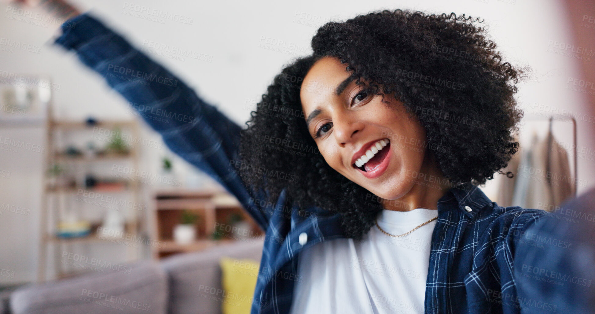 Buy stock photo Portrait, woman and selfie in living room for live streaming, vlog and excited in home. Happy person, profile picture and smile for social media post, content creation and influencer with memory