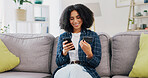 Credit card, phone and woman with smile on couch for online shopping, ecommerce and sale. Digital payment, banking website and person in living room of home for deal, transaction or subscription