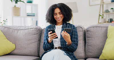 Buy stock photo Credit card, phone and woman with smile on couch for online shopping, ecommerce and sale. Digital payment, banking website and person in living room of home for deal, transaction or subscription