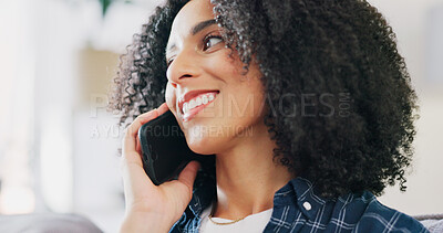 Buy stock photo Smile, woman and gossip in living room with phone call, discussion and communication in home. Happy person, networking and good news with tech for conversation, chat or planning weekend in house