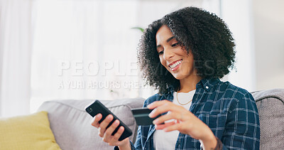 Buy stock photo Credit card, phone and woman with smile on sofa for online shopping, ecommerce and sale. Digital payment, banking website and person in living room of home for deal, transaction or subscription