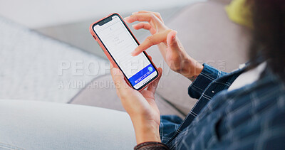 Buy stock photo Hands, phone screen and travel website with woman in home living room for online booking. Mobile, scrolling and trip planning with person on sofa in apartment for transportation agenda or schedule