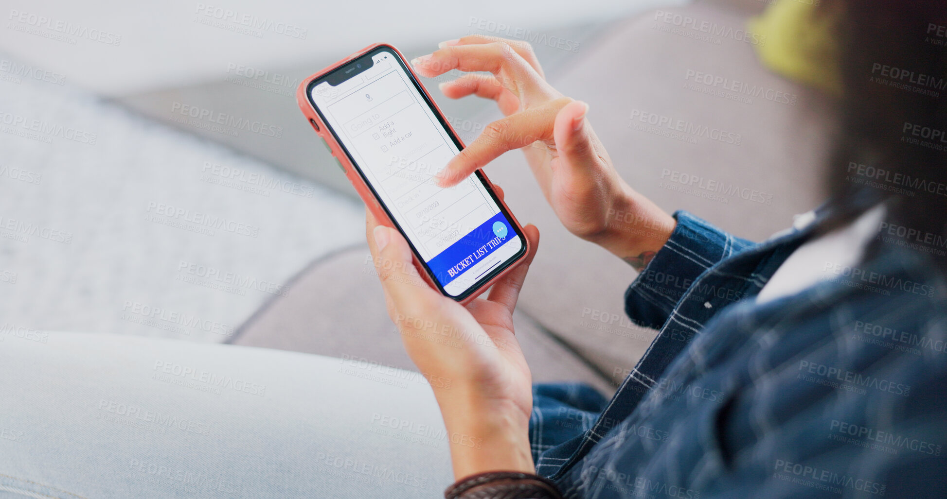 Buy stock photo Hands, phone screen and travel website with woman in home living room for online booking. Mobile, scrolling and trip planning with person on sofa in apartment for transportation agenda or schedule