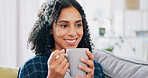 Thinking, calm or woman on sofa with coffee, happy memory or mindfulness on weekend break. Smile, reflection or person in house with caffeine beverage, nostalgia or peaceful perspective in free time.