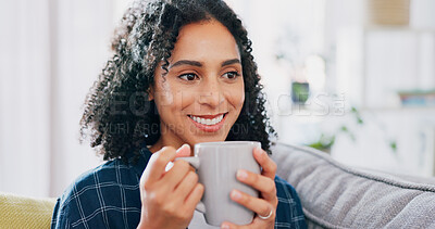 Buy stock photo Thinking, calm or woman on sofa with coffee, happy memory or mindfulness on weekend break. Smile, reflection or person in house with caffeine beverage, nostalgia or peaceful perspective in free time.