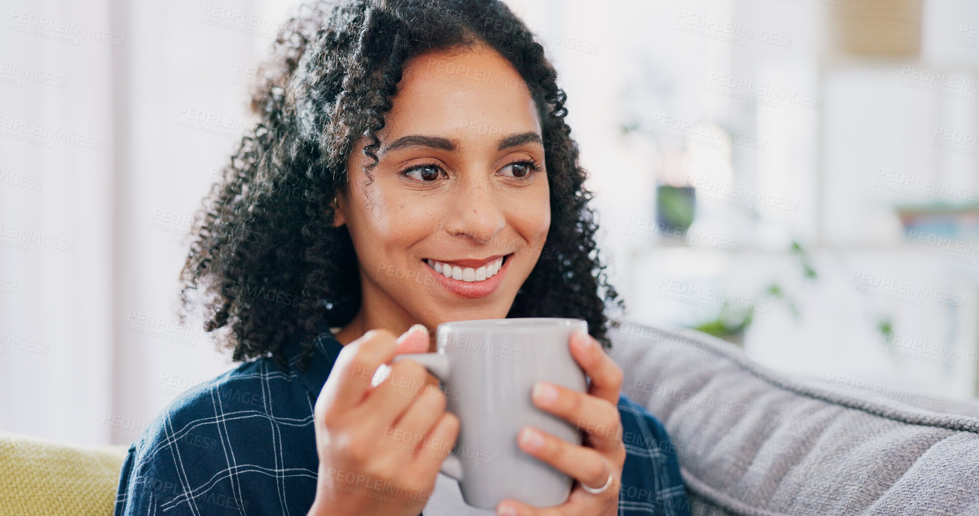 Buy stock photo Thinking, calm or woman on sofa with coffee, happy memory or mindfulness on weekend break. Smile, reflection or person in house with caffeine beverage, nostalgia or peaceful perspective in free time.