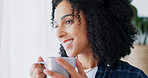 Thinking, calm or woman in house with coffee, happy memory or mindfulness on weekend break. Smile, reflection or person in home with caffeine beverage, nostalgia or peaceful perspective in free time.