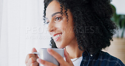 Buy stock photo Thinking, calm or woman in house with coffee, happy memory or mindfulness on weekend break. Smile, reflection or person in home with caffeine beverage, nostalgia or peaceful perspective in free time.