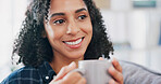 Thinking, smile or woman on couch with coffee, happy memory or mindfulness on weekend break. Calm, reflection or person in house with caffeine beverage, nostalgia or positive perspective in free time