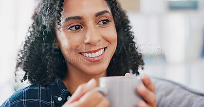 Buy stock photo Thinking, smile or woman on couch with coffee, happy memory or mindfulness on weekend break. Calm, reflection or person in house with caffeine beverage, nostalgia or positive perspective in free time