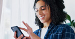 Laugh, texting and woman in house with phone, online communication and comic post on social media. Happy, digital and female person in home with tech, funny message or meme reaction on chat app.
