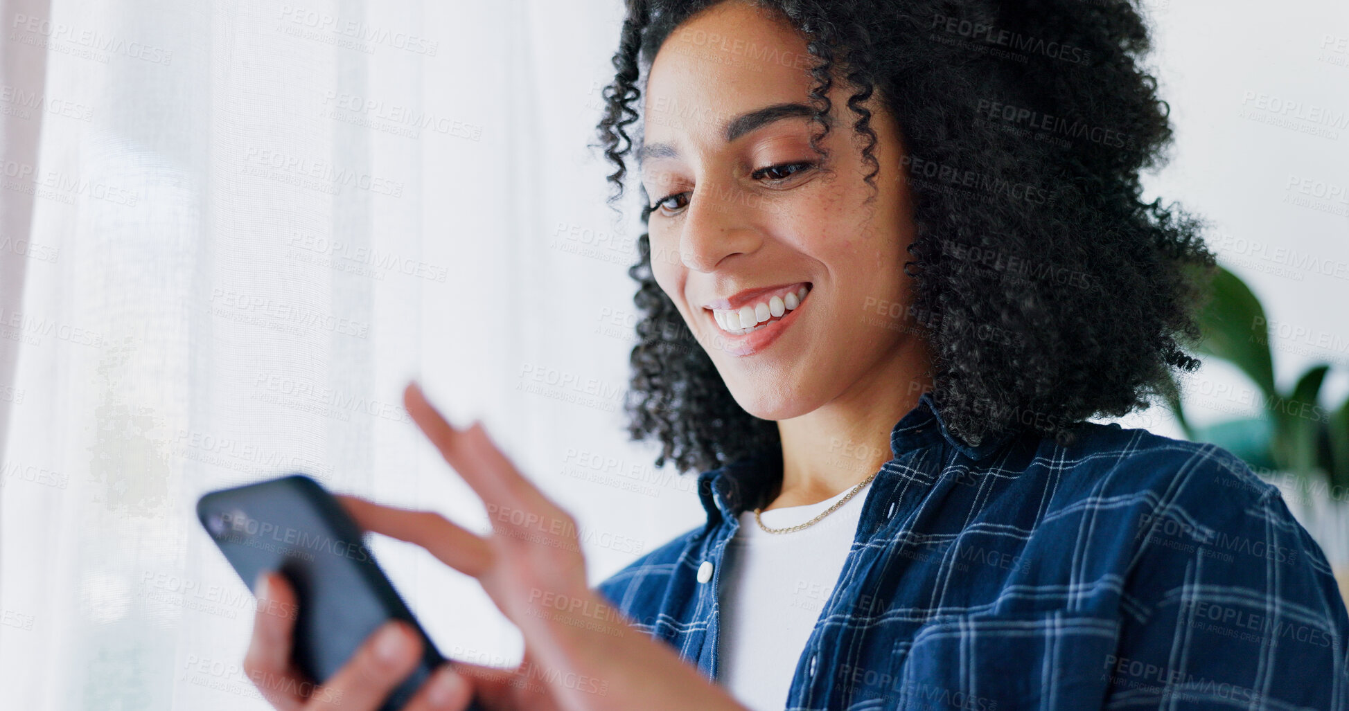 Buy stock photo Laugh, texting and woman in house with phone, online communication and comic post on social media. Happy, digital and female person in home with tech, funny message or meme reaction on chat app.
