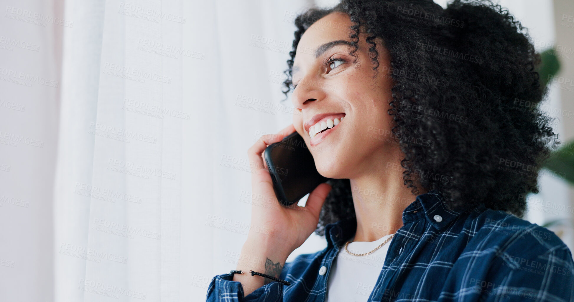 Buy stock photo Smile, woman and discussion in home with phone call, gossip and communication in living room. Happy person, networking and good news with tech for conversation, chat or planning weekend with space