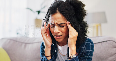 Buy stock photo Woman, stress and sofa with headache in home for pressure, bad strain or mental health. Frustrated, migraine or female person with depression, pain or ache on couch for vertigo or dizziness in house