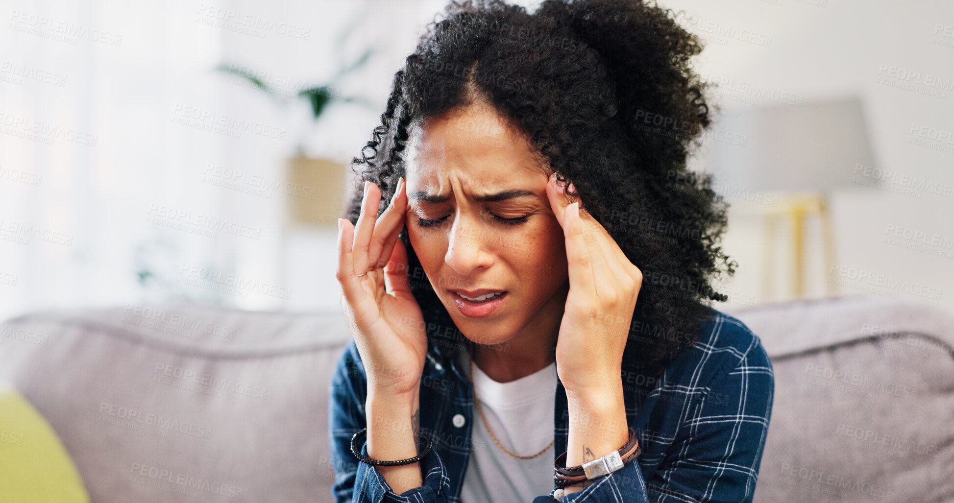 Buy stock photo Woman, stress and sofa with headache in home for pressure, bad strain or mental health. Frustrated, migraine or female person with depression, pain or ache on couch for vertigo or dizziness in house