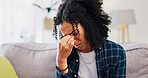 Woman, stress and sofa with headache for pressure, bad strain or mental health in home. Frustrated, migraine or female person with depression, pain or ache on couch for vertigo or dizziness in house