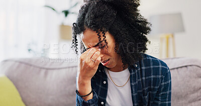 Buy stock photo Woman, stress and sofa with headache for pressure, bad strain or mental health in home. Frustrated, migraine or female person with depression, pain or ache on couch for vertigo or dizziness in house