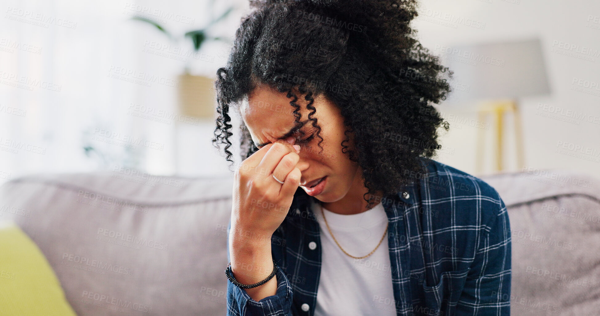 Buy stock photo Woman, stress and sofa with headache for pressure, bad strain or mental health in home. Frustrated, migraine or female person with depression, pain or ache on couch for vertigo or dizziness in house