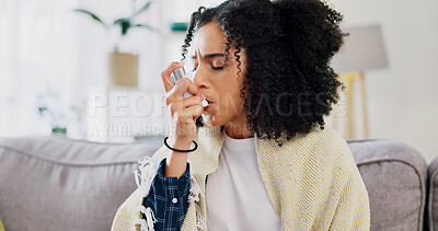 Buy stock photo Woman, asthma and sofa with inhaler in home for medicine, chronic illness or breathing aid. Female person, respiratory health or medical prescription with pump for allergy, infection or pneumonia