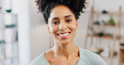 Buy stock photo Wellness, portrait and woman in house with day off, positive attitude or optimism on weekend break. Wellbeing, free time or person in home with good mood, confidence and satisfaction in Los Angeles.