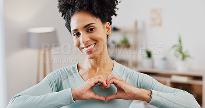 Buy stock photo Heart hands, portrait and smile of woman in home for health, reaction or wellness promotion. Emoji, love and satisfaction with happy person in living room of apartment for affection or support
