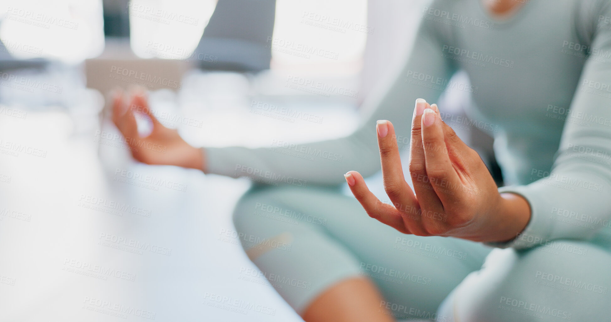 Buy stock photo Hands, meditation and yoga with woman in home living room for balance, inner peace or wellness. Lotus position, mudra and zen with yogi person on floor in apartment for awareness or mental health