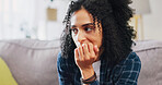 Thinking, woman and nervous with anxiety at house for stress, coping mechanism and biting nails. Female person, worry and habit with stimming, trauma response and overwhelmed for psychology behavior