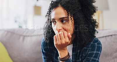 Buy stock photo Thinking, woman and nervous with anxiety at house for stress, coping mechanism and biting nails. Female person, worry and habit with stimming, trauma response and overwhelmed for psychology behavior