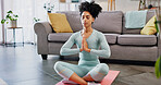 Yoga, namaste or person in house with meditation, calm practice or mindfulness in wellness activity. Inner peace, prayer hands or woman with lotus, zen or mindset improvement for holistic health.